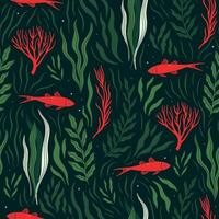 Seamless pattern of dark green algae and red fish. graphics. vector