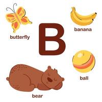 Preschool english alphabet. B letter. butterfly, banana, ball, bear. Alphabet design in a colorful style. Educational poster for children. Play and learn. vector