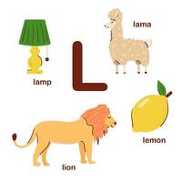 Preschool english alphabet. L letter. lama, llama, lamp, lion, lemon. Alphabet design in a colorful style. Educational poster for children. Play and learn. vector