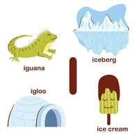 Preschool english alphabet. I letter. iguana, igloo, iceberg, ice, cream. Alphabet design in a colorful style. Educational poster for children. Play and learn. vector