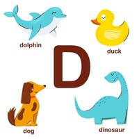 Preschool english alphabet. D letter. dolphin, duck, dog, dinosaur, dino. Alphabet design in a colorful style. Educational poster for children. Play and learn. vector