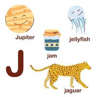 preescolar Inglés alfabeto. j carta. jaguar, Júpiter, Medusa, mermelada, gelatina. alfabeto diseño en un vistoso estilo. educativo póster para niños. jugar y aprender. vector