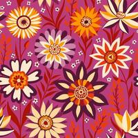 floral sin costura aleatorio modelo con fantasía flores en bohemio estilo en magenta, amarillo, blanco, púrpura, naranja, rojo colores, genial para textiles, superficies, fondos de pantalla, envase documentos, telas, huellas dactilares. vector