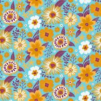 Floral Seamless Half Drop Pattern with Fantasy Flowers in Harvest Gold, Magenta, Light Blue, White. Repeat Wallpaper Print Texture for Scrapbooking Craft Paper, Textiles, Fabrics, Gift Wraps. vector