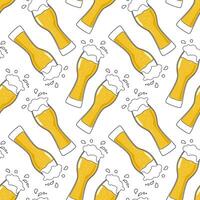 Patterning of draft beer mugs with foam on yellow background. Continuous repeat pattern vector
