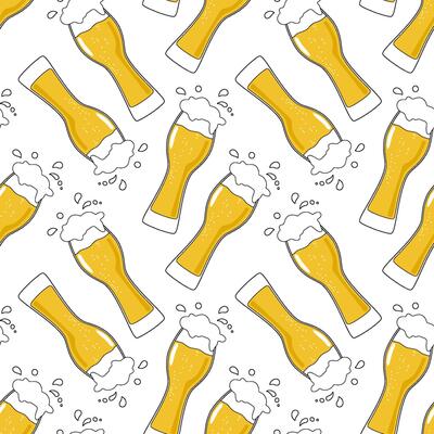 Patterning of draft beer mugs with foam on yellow background. Continuous repeat pattern