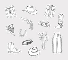 Set of cowboy objects. Collection of wild-west items boots, cactus, horseshoe, cowboy hat, boots, gun, and bandana. Western theme. Hand-drawn illustration vector