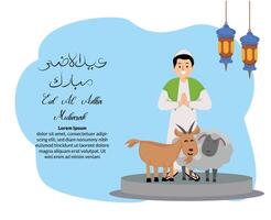 muslim man greeting happy eid al adha with illustration of goat and sheep sacrificial vector