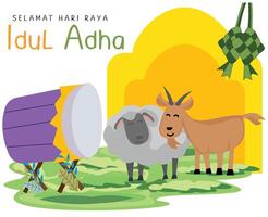 greeting happy eid al adha mubarak with illustration of animal goat and sheep sacrificial vector