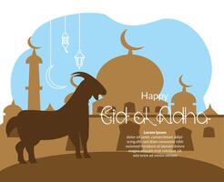 eid al adha greeting background with illustration of mosque goat and lantern vector