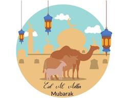 eid al adha greeting background with illustration of animal camel cow and goat sacrificial vector