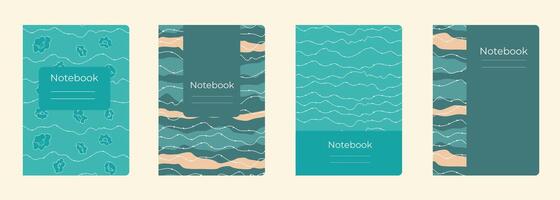 Set of cover designs for notebook, notepad, book, catalog with many wavy lines and flowers.Template in blue and white colors. Vertical format A4,A5. vector