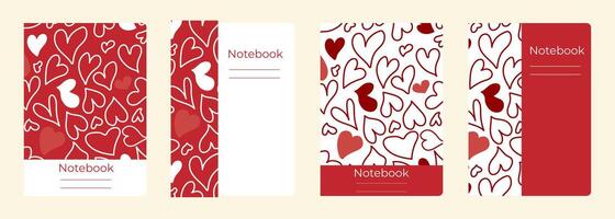 Set of cover designs for notebook, notepad, book, catalog with many hearts.Template for girl and school in red and white colors. Vertical format A4,A5. vector