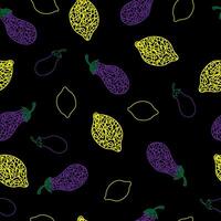 Seamless pattern with hand drawn lemon, eggplant on black background in childrens naive style. vector