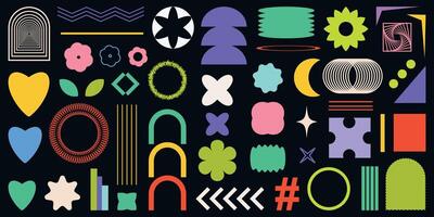 Abstract Shapes set y2k style for banner. Groovy Retro Y2k aesthetic. Trendy 90s. Trendy geometric forms for banner, stickers, poster. Simple shapes, Flower, spiral, wave. Elements 2000s. vector