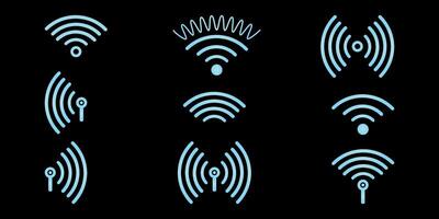 Wifi azul inalámbrico señal. sensor símbolo de neón resplandor efecto. icono conjunto de inalámbrico sonido ola. tecnología Internet enrutador, sonar sonido. aislado ilustración. vector