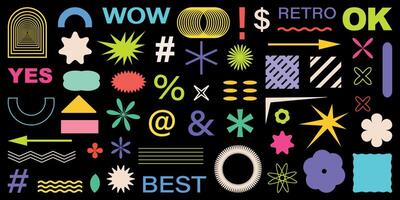 Abstract Shapes set y2k style for banner. Groovy Retro Y2k aesthetic. Trendy 90s geometric forms for banner, stickers, poster. Simple shapes, Flower, spiral, wave. Elements 2000s. Abstract brutal form vector