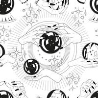 Seamless pattern with hands of fortune teller, magic crystal ball and mystical symbols. Tattoo, poster or altar print design concept vector