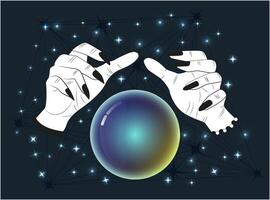 Hand drawn illustration with colorful magic crystal ball in hands of fortune teller. Tattoo, poster or altar design print concept, esoteric, wicca and gothic background vector