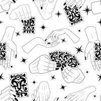 Seamless pattern with hands of fortune teller, tarot cards and mystical symbols. Tattoo, poster or altar print design concept vector