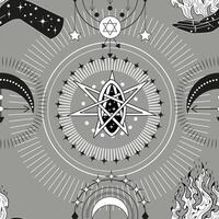 Seamless pattern with hands of fortune teller, pentagram and mystical symbols. Tattoo, poster or altar print design concept vector