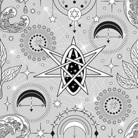 Seamless pattern with wave, pentagram, solar and mystical symbols. Tattoo, poster or altar print design concept vector