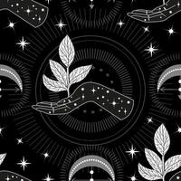 Seamless pattern with hand of fortune teller, plant, crescent and mystical symbols. Tattoo, poster or altar print design concept esoteric, wicca and gothic background vector