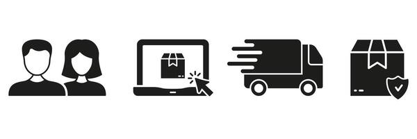 Ecommerce Silhouette Icon Set. Online Store Symbol Collection. Customer Order In Internet Supermarket Glyph Pictogram. Delivery Box Solid Sign. Isolated Illustration vector