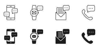 Online Chat, Texting Message Line and Silhouette Icon Set. Virtual Communication Sign. Email In Mobile Phone, Smartwatch Symbol Collection. Job Mail. Editable Stroke. Isolated Illustration vector