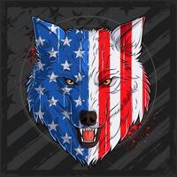Aggressive growling wolf head with USA flag pattern for American independence day, Veterans day, 4th of July and memorial day vector