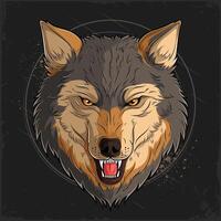 mano dibujado agresivo gruñendo lobo cabeza, marrón alfa masculino solitario lobo, salvaje animal enojado montaña lobo vector