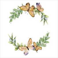 Frame of watercolor butterfly and green leaves vector