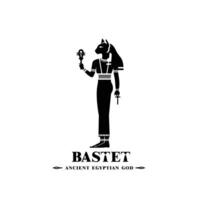 Ancient egypt god of protection bast silhouette, middle east ruler cat with crown and death symbol vector