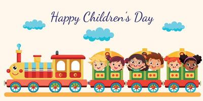 Children's Day poster with funny train and children. vector