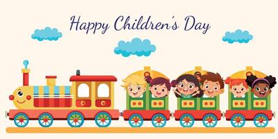 para niños día póster con gracioso tren y niños. vector