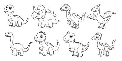 Collection of cute cartoon little dinosaurs for stickers, coloring pages and designs for kids. vector