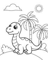 Coloring page for children with a little cute dinosaur on a background with palm trees and the sun. vector