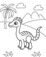 Coloring page for children with a little cute dinosaur on a background with palm trees and the sun. vector