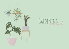Gardening mood postcard. Decorative indoor exotic flowers with stems and leaves in pots. vector