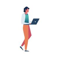 Working man hold laptop in hands isolated on white background vector