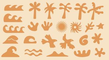 Groovy boho beach summer elements. Drawn palm tree and birds. Abstract minimal sea and sun in trendy retro naive simple style. vector