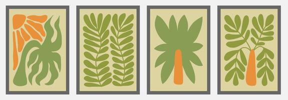 Set of retro abstract poster with palm tree and plants n trendy retro naive simple style. Summer vibe. vector