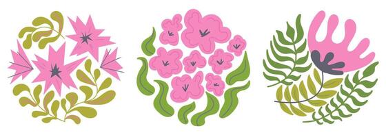 conjunto de maravilloso orgánico floral forma. floración rosado flor en de moda ingenuo retro hippie 60s 70s estilo. floral póster vector