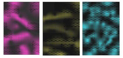 Set of abstract cover with neon halftone texture. Black background with dots gradient print. Grunge dotted backdrop with circles dots. vector