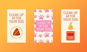 Clean up after your pets poster set. Proper walking of pets. Concept of keeping the environment clean vector