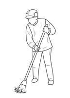 Janitor with a broom in his hands, sketch outline vector