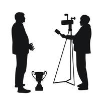 Journalist, news reporter with microphone taking interview respondent vector