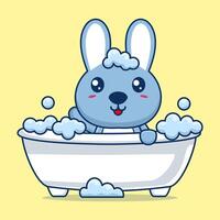 dibujos animados linda Conejo baños en bañera lleno con espuma vector