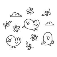 One-color set of anti-stress coloring pages with birds, flowers and clouds vector