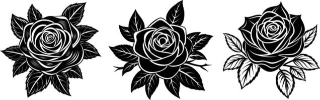 Three black silhouette of decorative roses with leaves vector